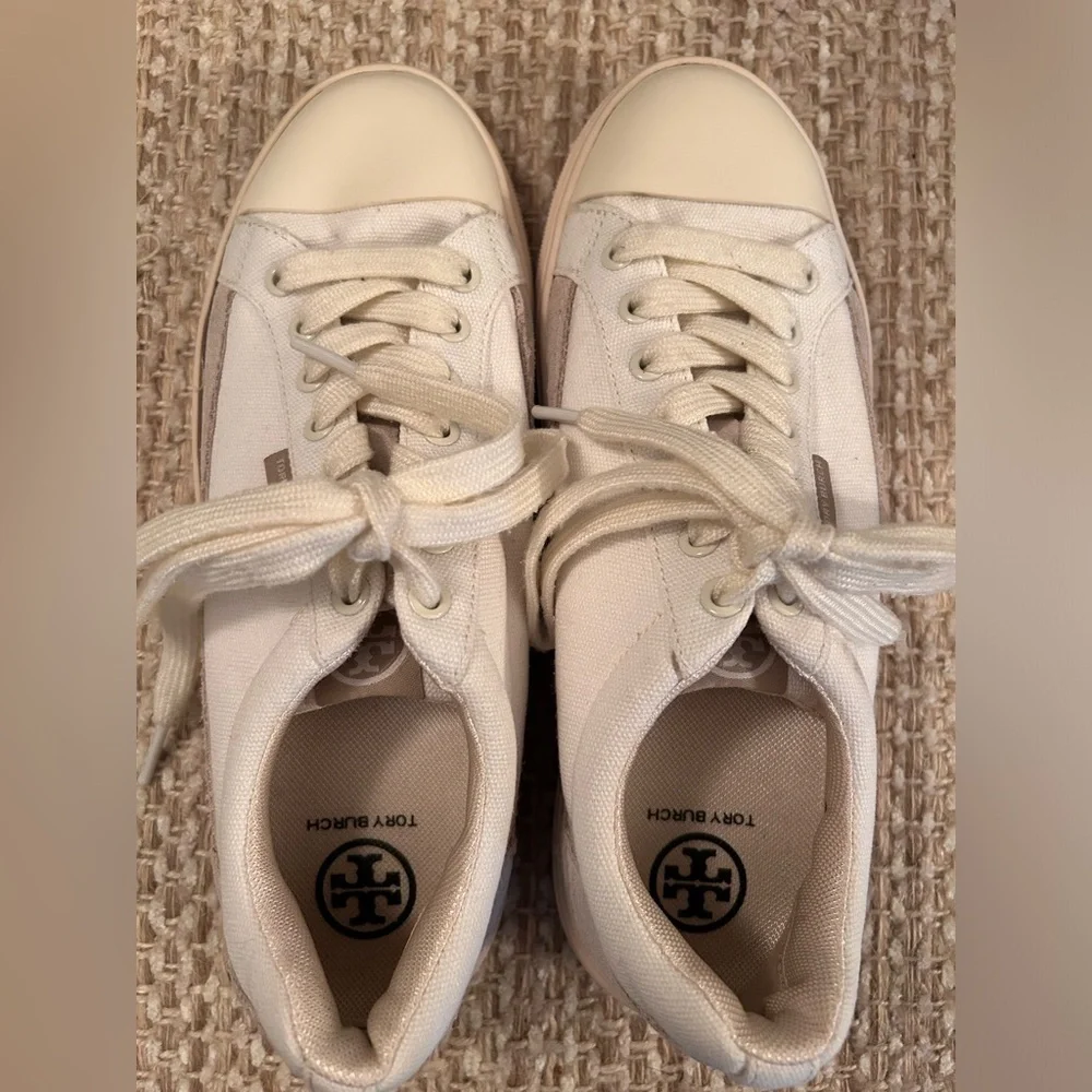 Tory Burch Classic Court Canvas Sneaker Natural Suede Size 7 Quiet Luxury Casual